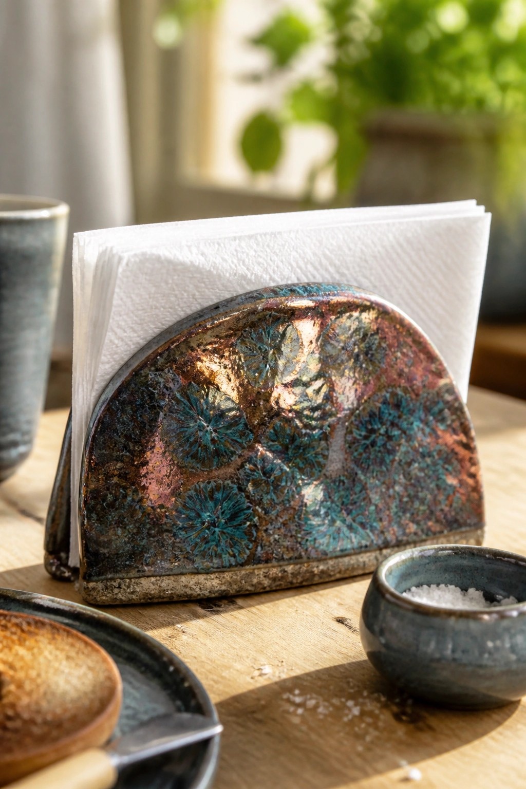 Iridescent blue and copper ceramic napkin holder holding white paper napkins on wooden table