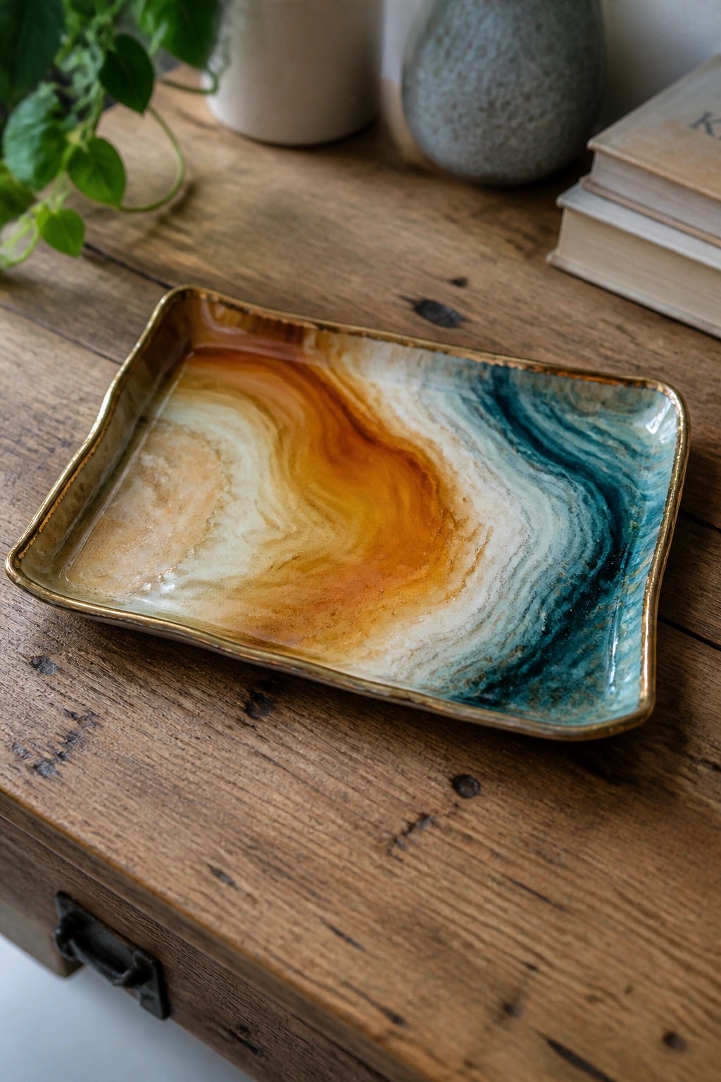 Marbled ceramic tray with brown, orange, teal swirls and gold rim on wood