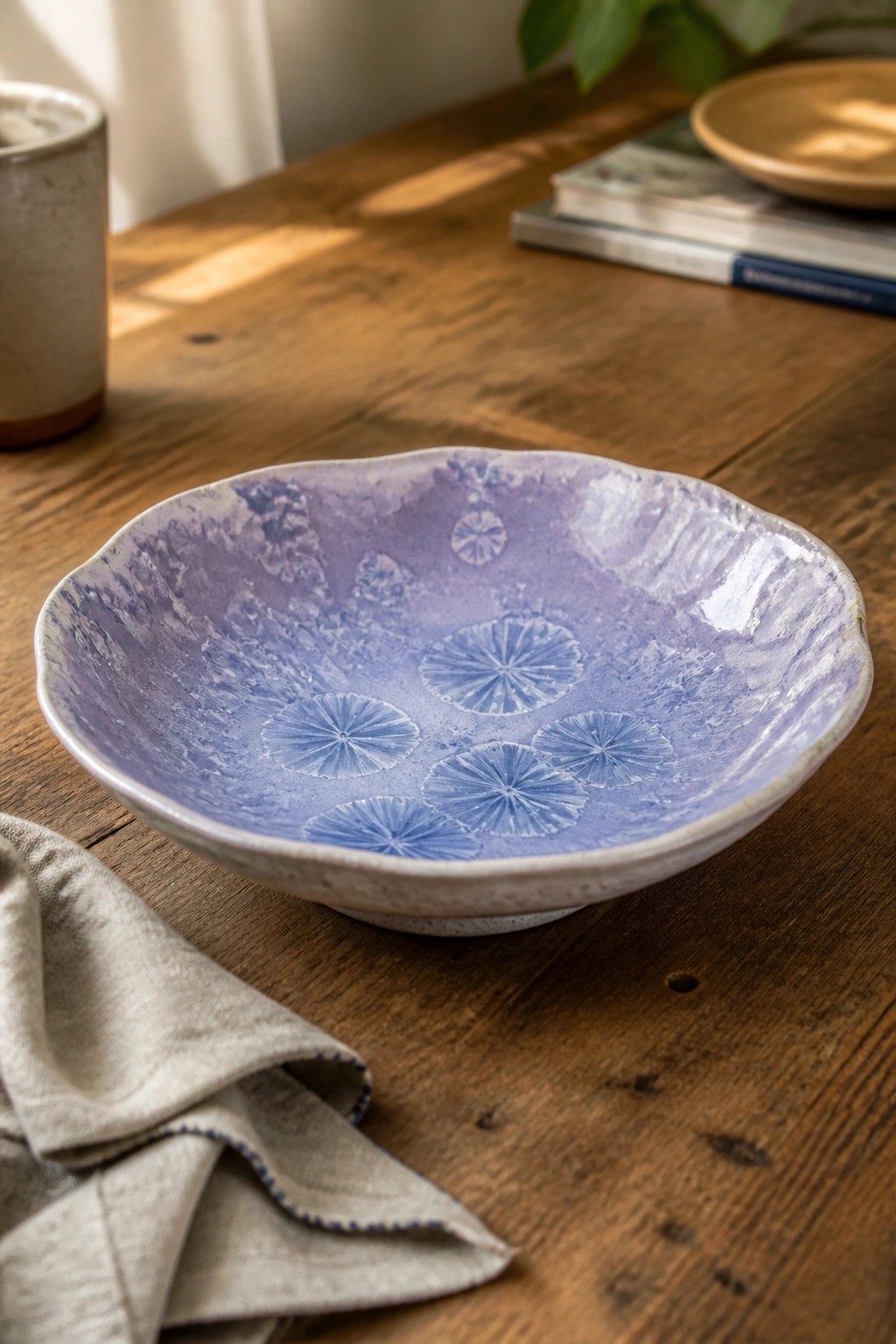Blue patterned ceramic bowl on wooden table with linen napkin in sunlight