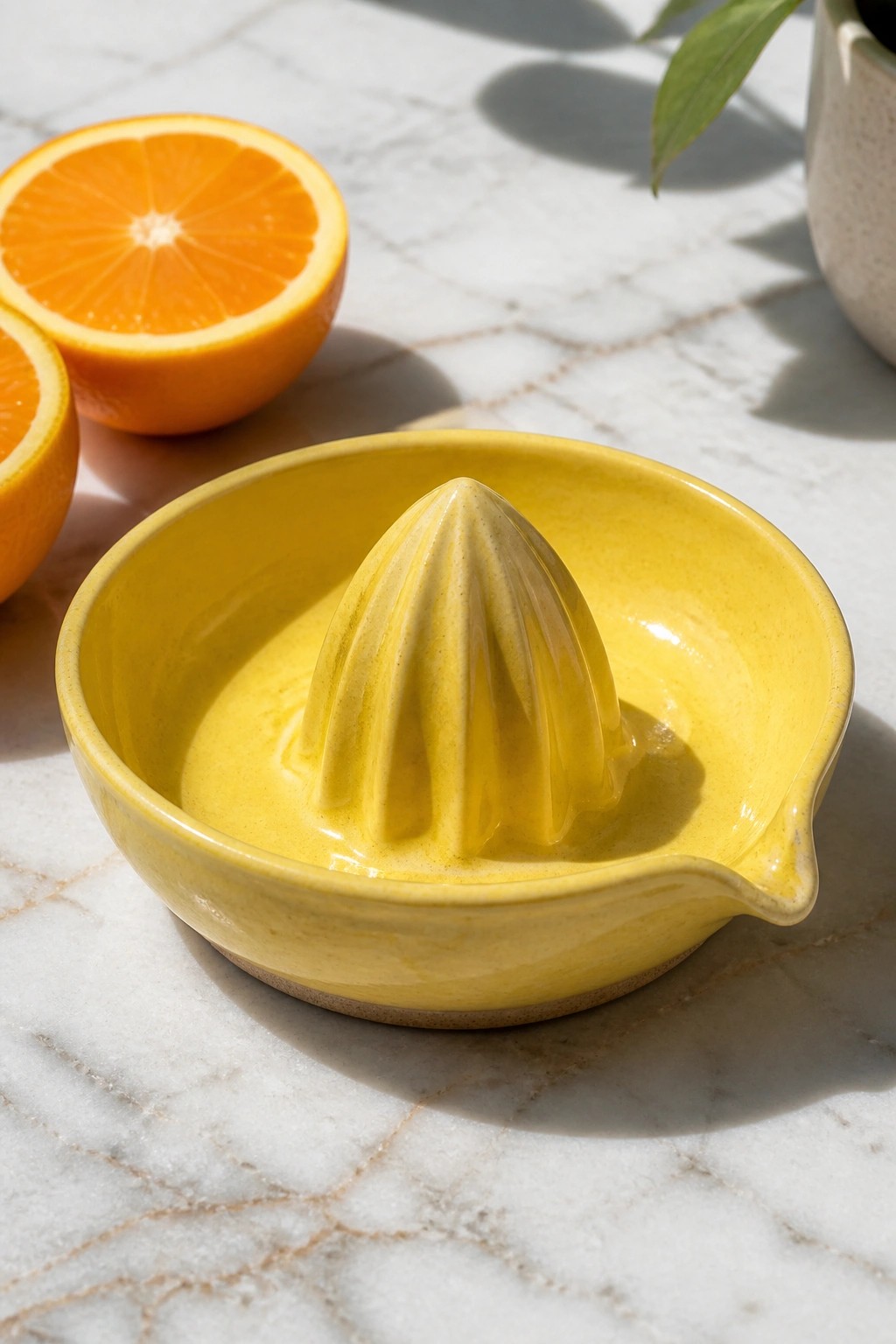 Yellow ceramic juicer beside halved oranges on sunlit marble countertop