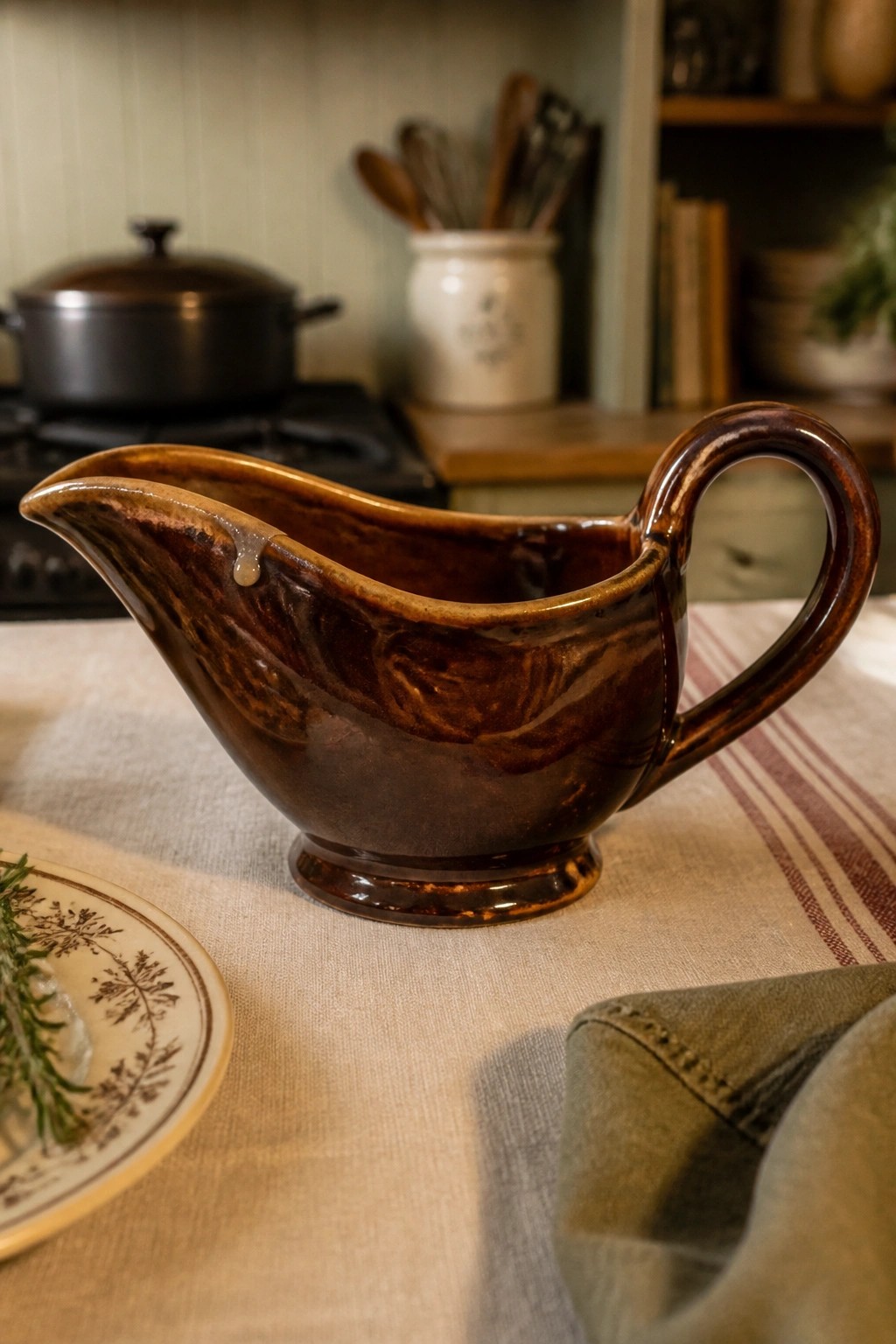 Brown ceramic gravy boat with sauce drip on linen kitchen table.