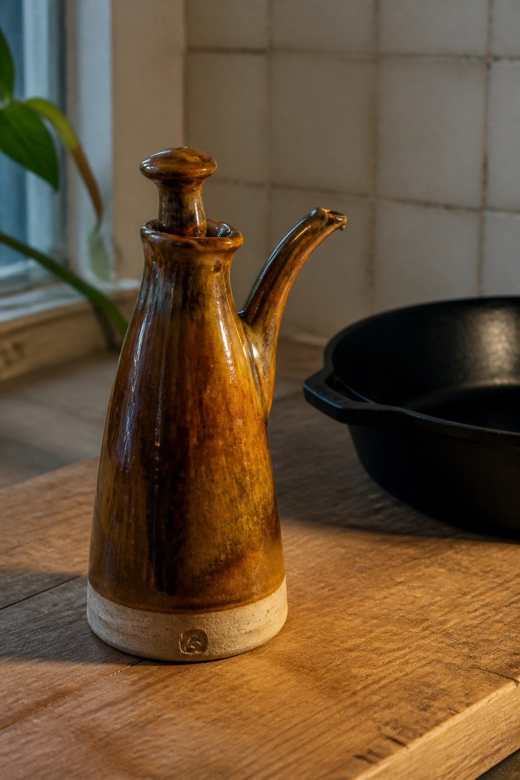 Brown ceramic pitcher with stopper on wooden table beside black cast iron pan