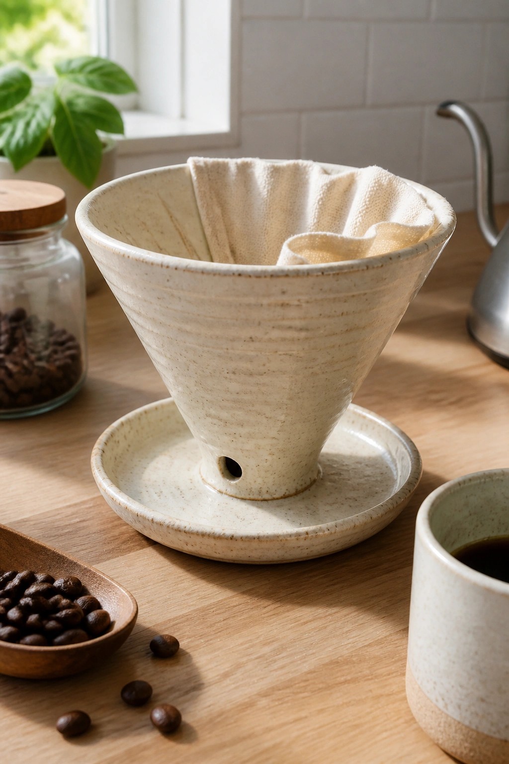 Ceramic pour-over dripper with filter on saucer amid coffee beans on wooden table