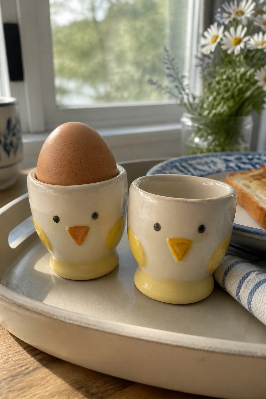 Two ceramic chick egg cups on tray, one holding brown egg, near flowers and toast