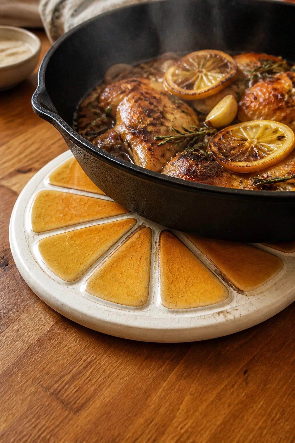 Cast iron skillet of lemon chicken on citrus-slice trivet over wood table