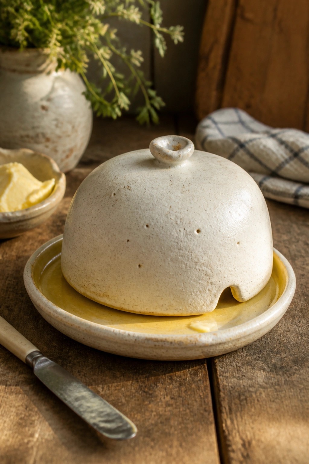 Rustic speckled ceramic butter cloche on yellow plate with knife on wooden table