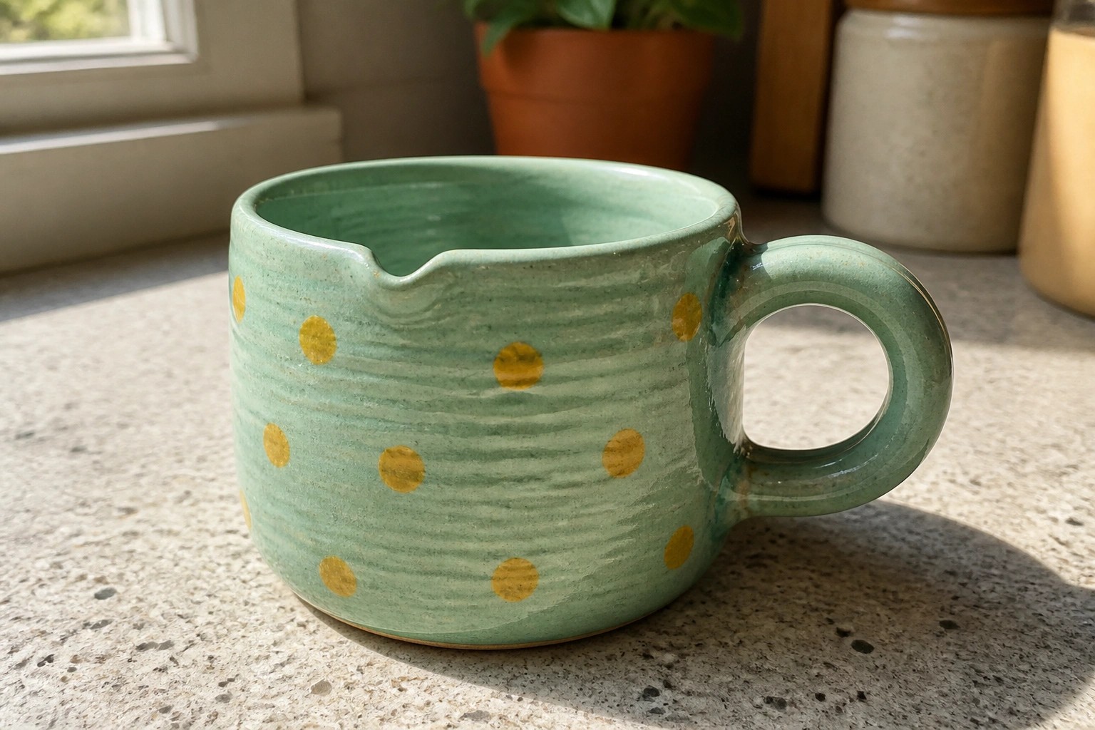 Light green ceramic mug with yellow polka dots on speckled countertop