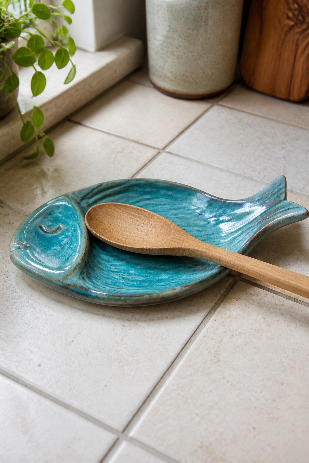 Turquoise fish-shaped ceramic dish holding wooden spoon on tiled surface