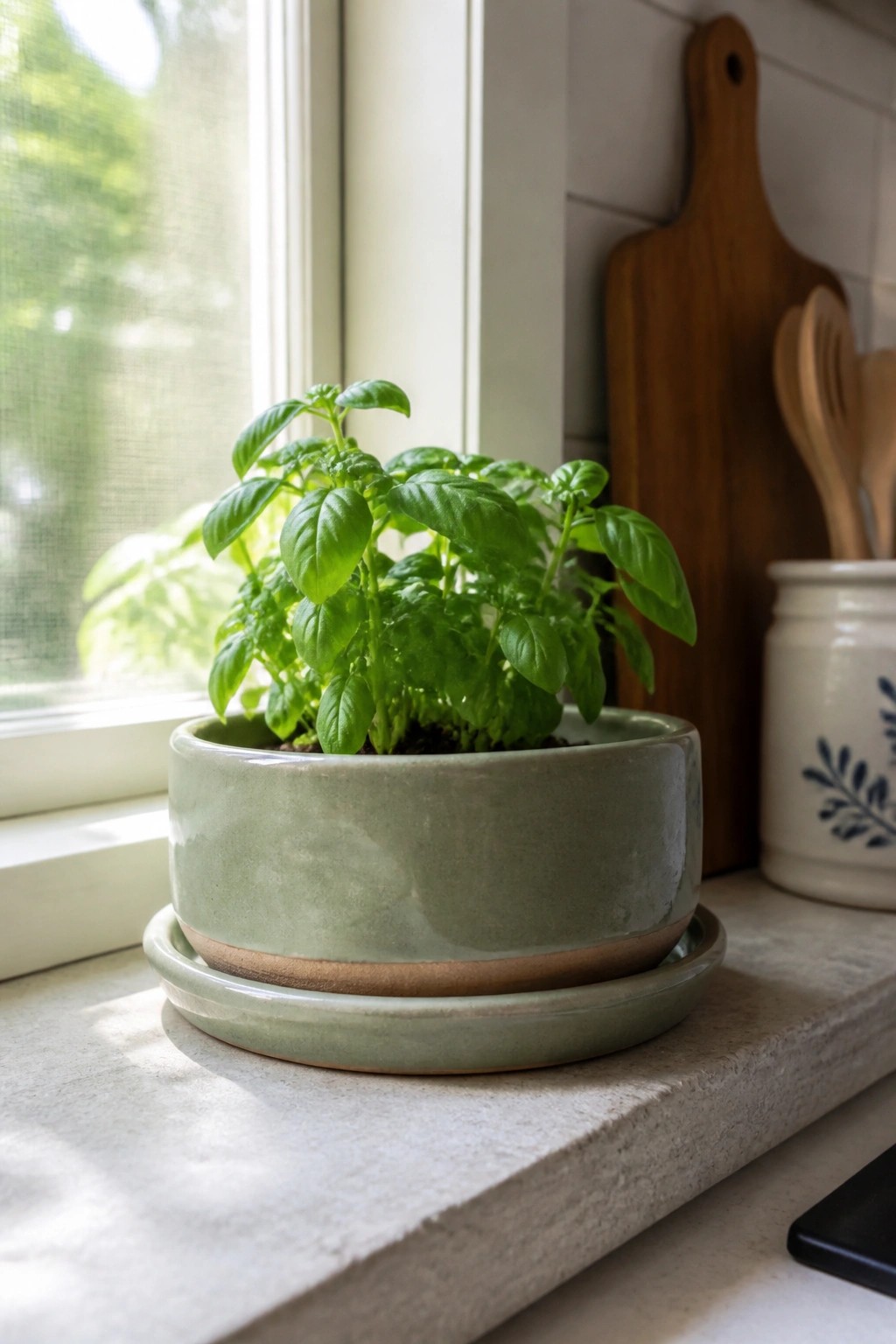 Basil plant in green ceramic pot on sunny kitchen windowsill with wooden cutting board nearby