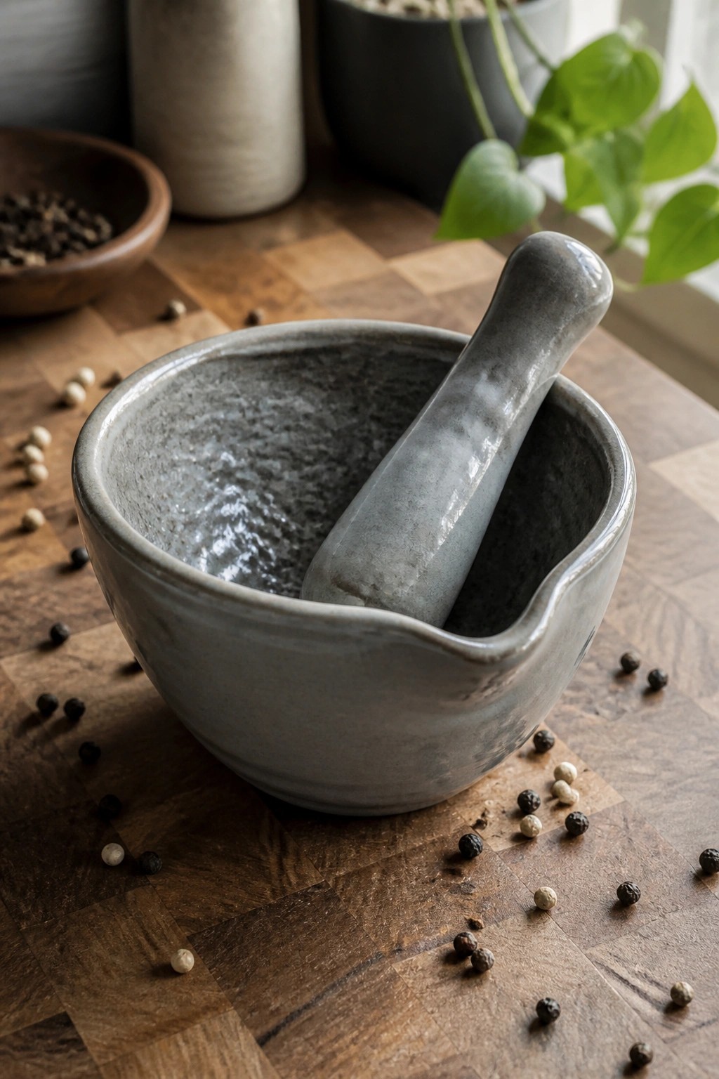 Gray ceramic mortar and pestle on wooden board scattered with peppercorns