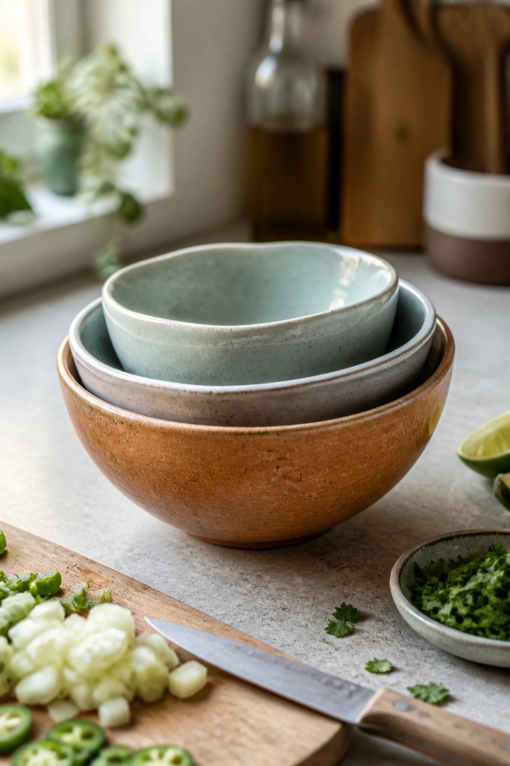 Nested ceramic bowls in blue and brown near chopped vegetables and a knife