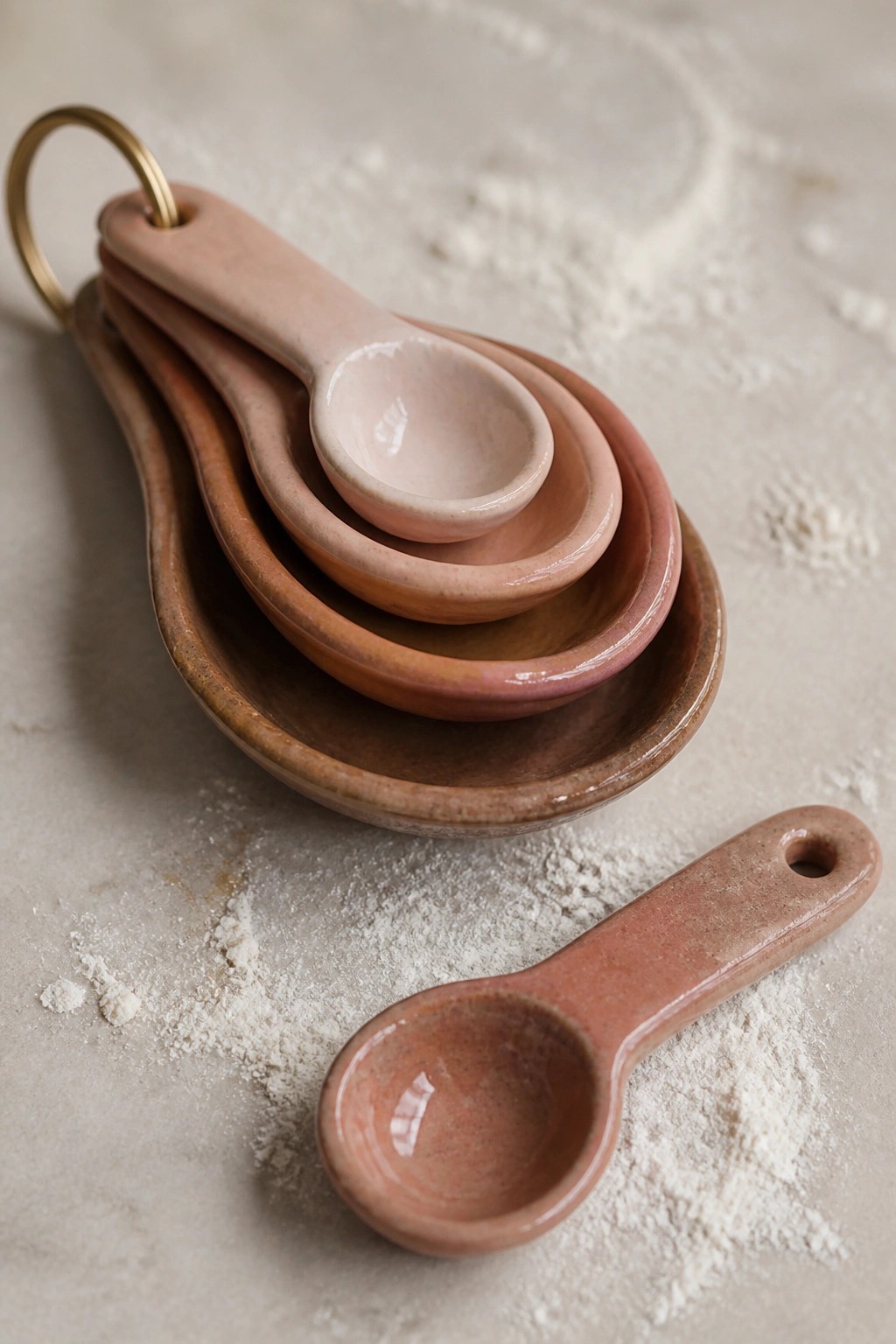 Pink ceramic measuring spoons nested on brass ring beside lone spoon on flour.