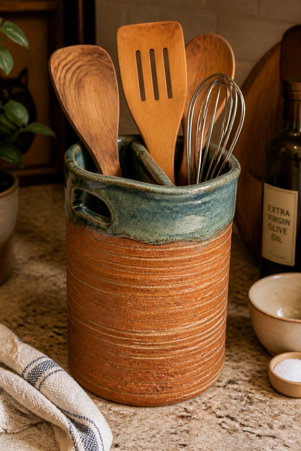 Rustic ceramic crock holding wooden utensils and wire whisk on kitchen counter
