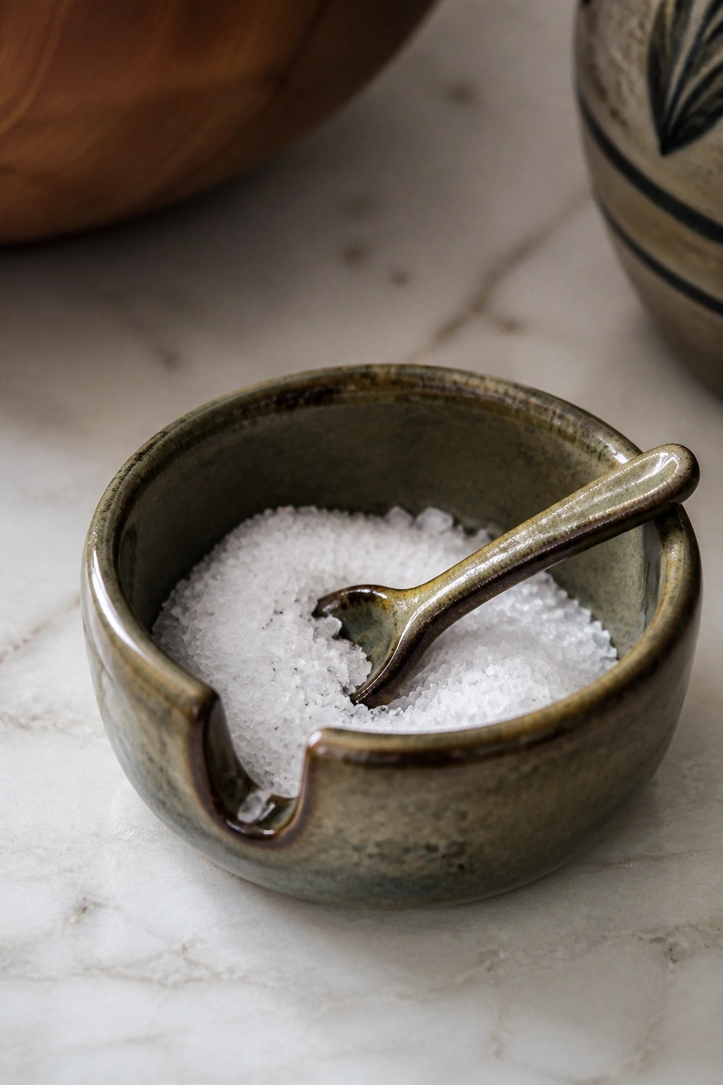 Green ceramic bowl of white salt with small spoon on marble counter