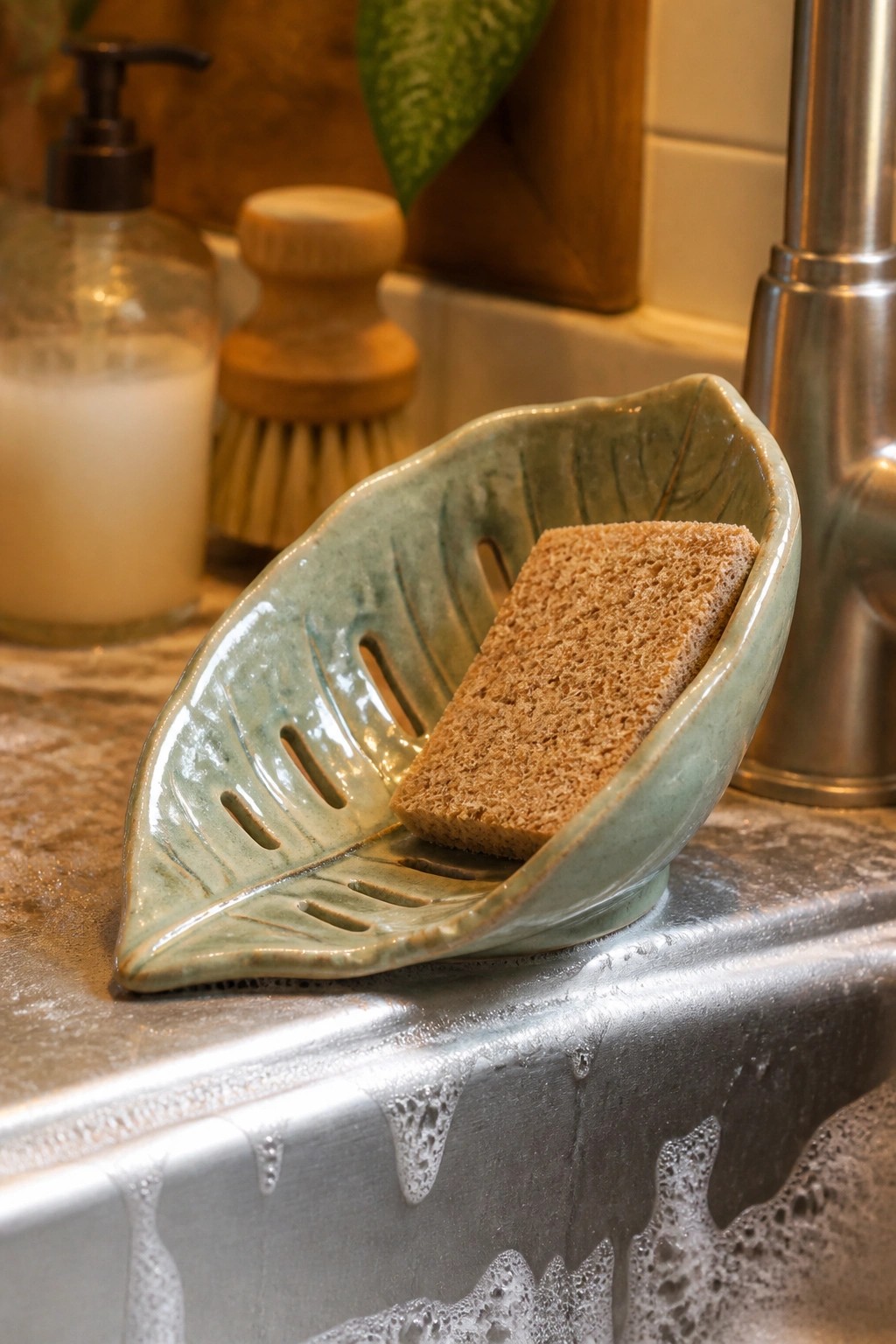 Green leaf-shaped ceramic dish holding brown sponge on wet soapy sink