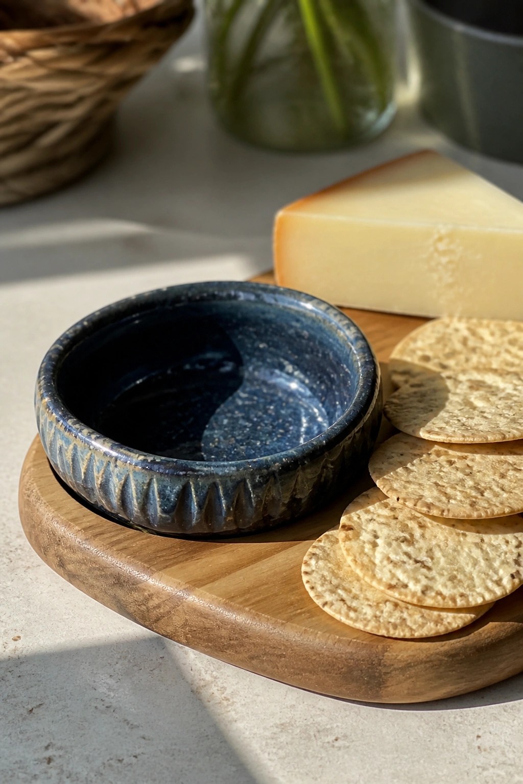 Blue ceramic bowl beside cheese wedge and crackers on wooden board