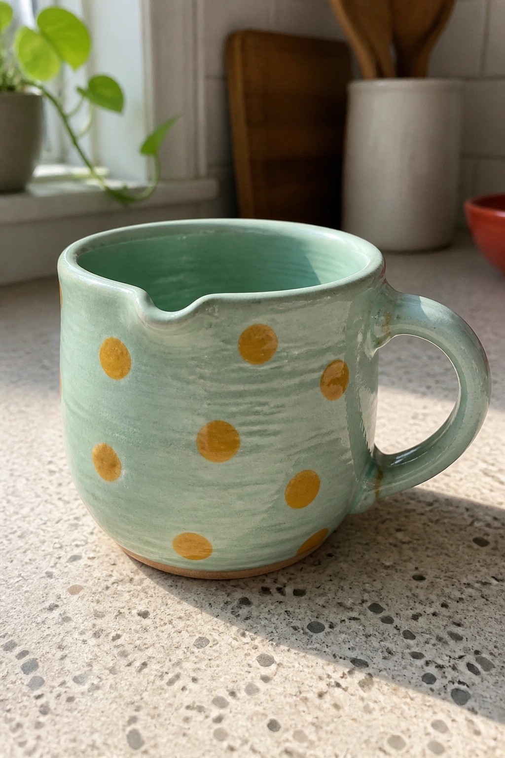 Light green ceramic mug with yellow polka dots on speckled countertop