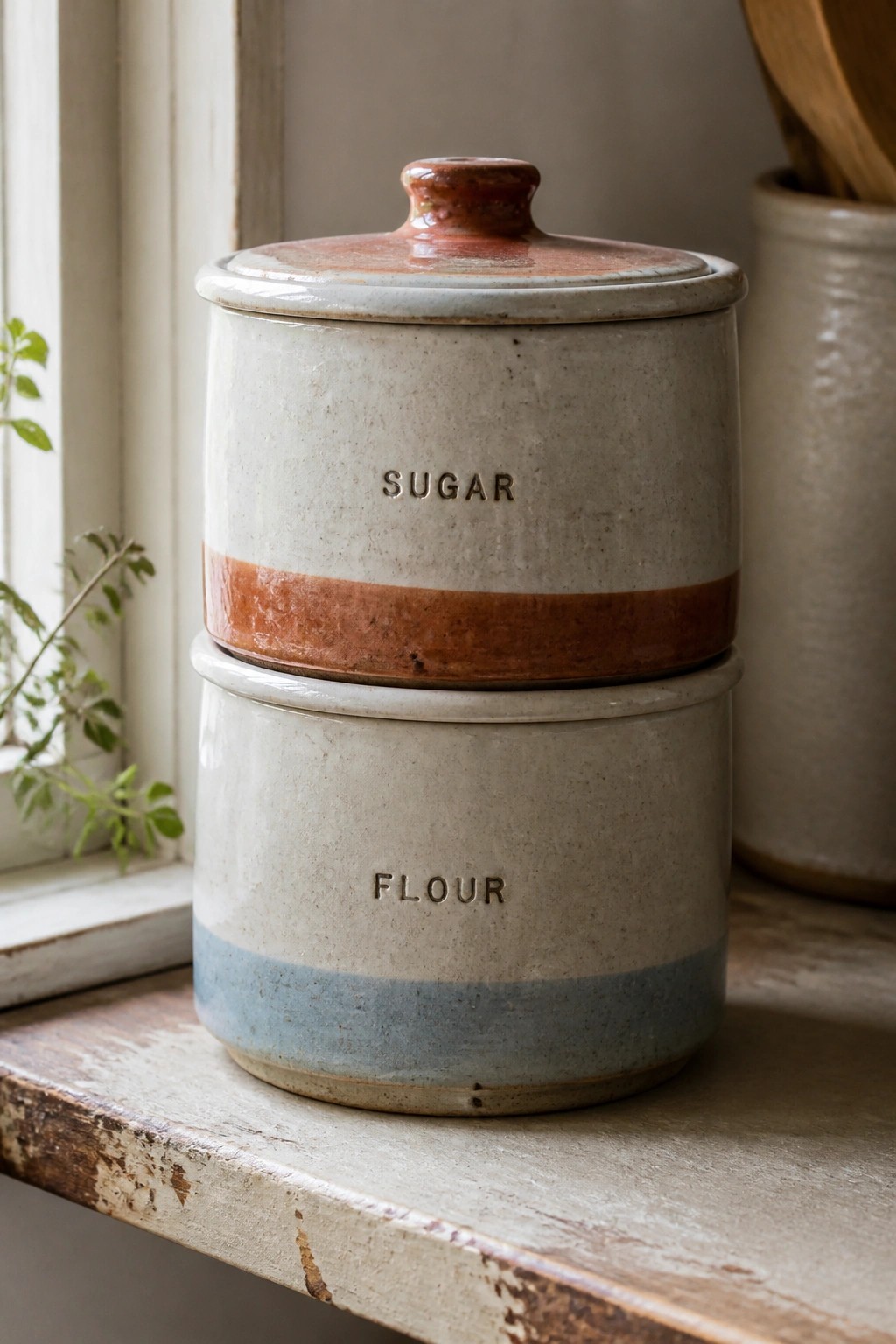 Stacked ceramic sugar and flour jars on rustic wooden windowsill
