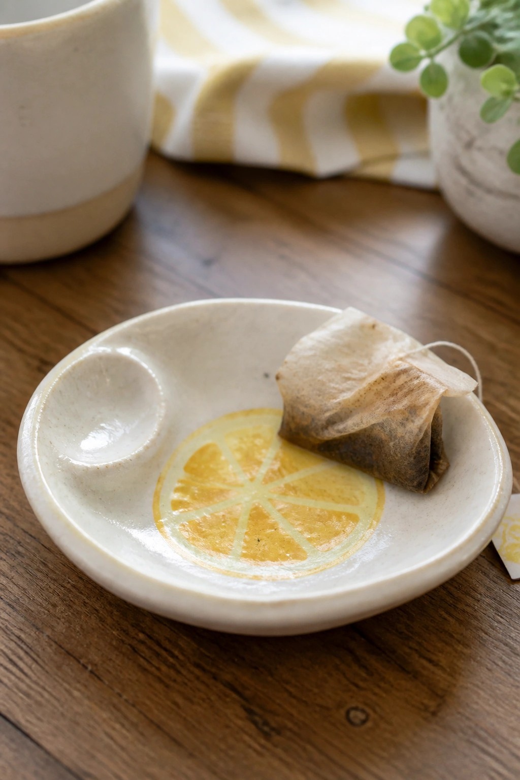Tea bag on white ceramic dish with yellow lemon slice design on wood table