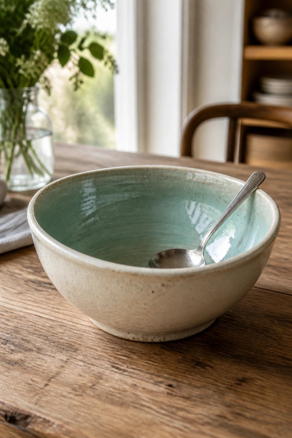 Speckled beige bowl with turquoise interior and metal spoon on wooden table