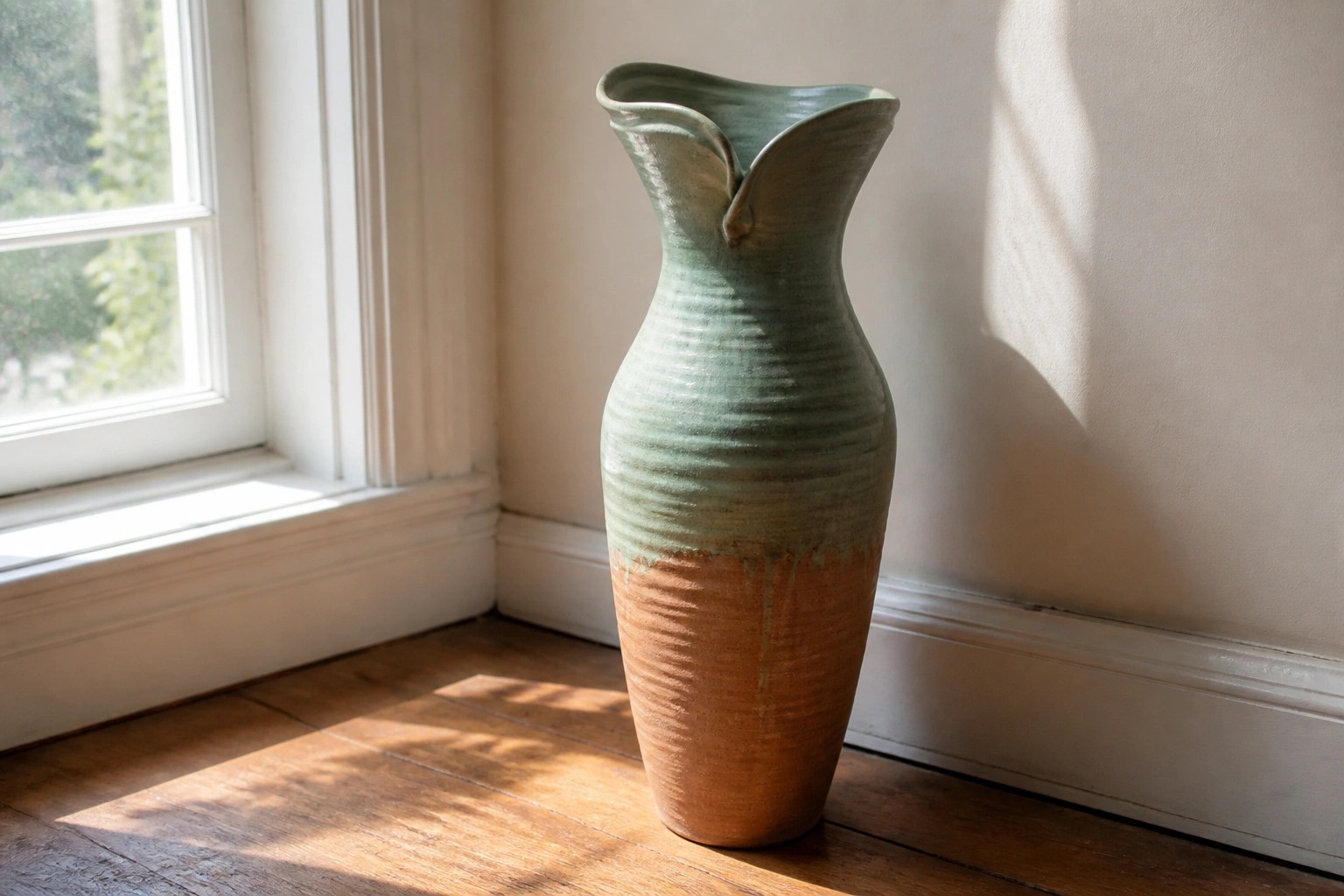 Tall green-brown glazed ceramic vase with wavy rim by sunlit window