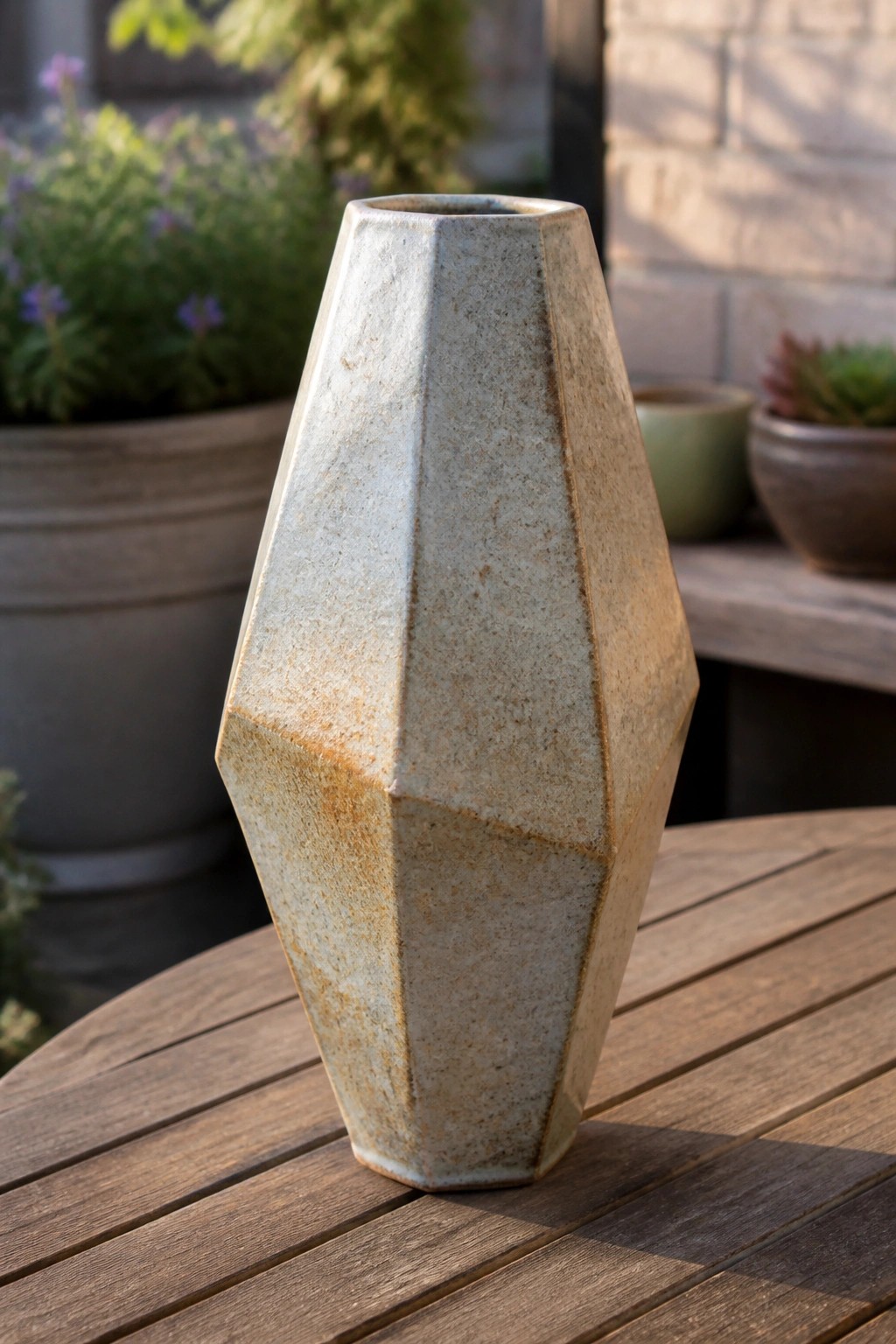 Faceted ceramic vase with speckled earthy glaze on wooden outdoor table