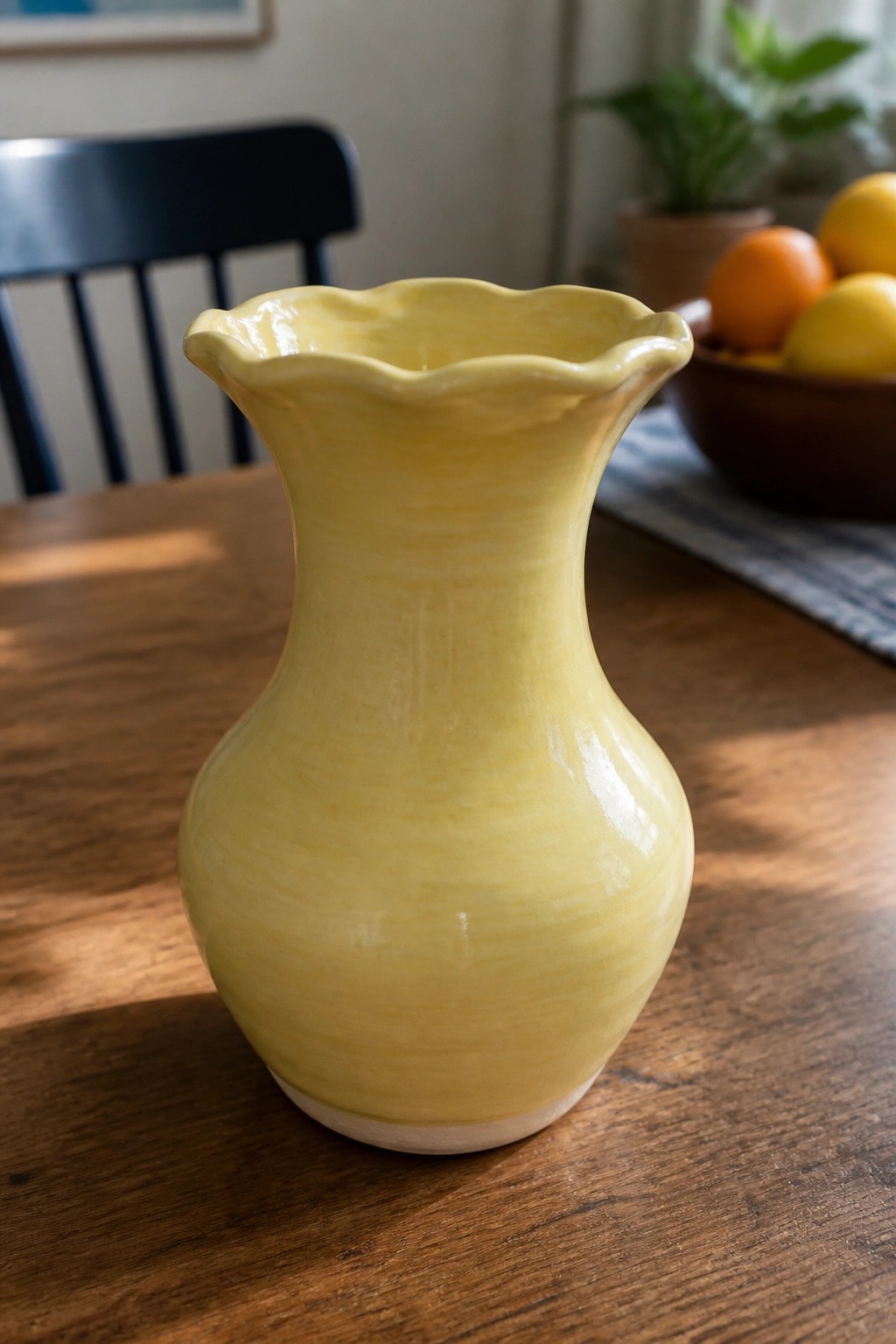 A yellow ceramic vase with a scalloped rim on a wooden table.