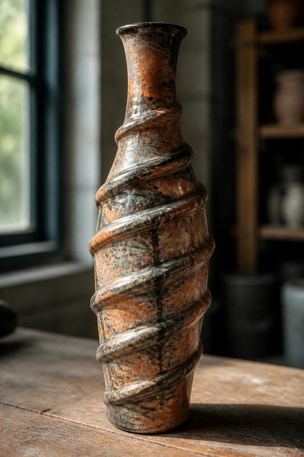 Spiraled ceramic vase with mottled orange and brown glaze on wooden table