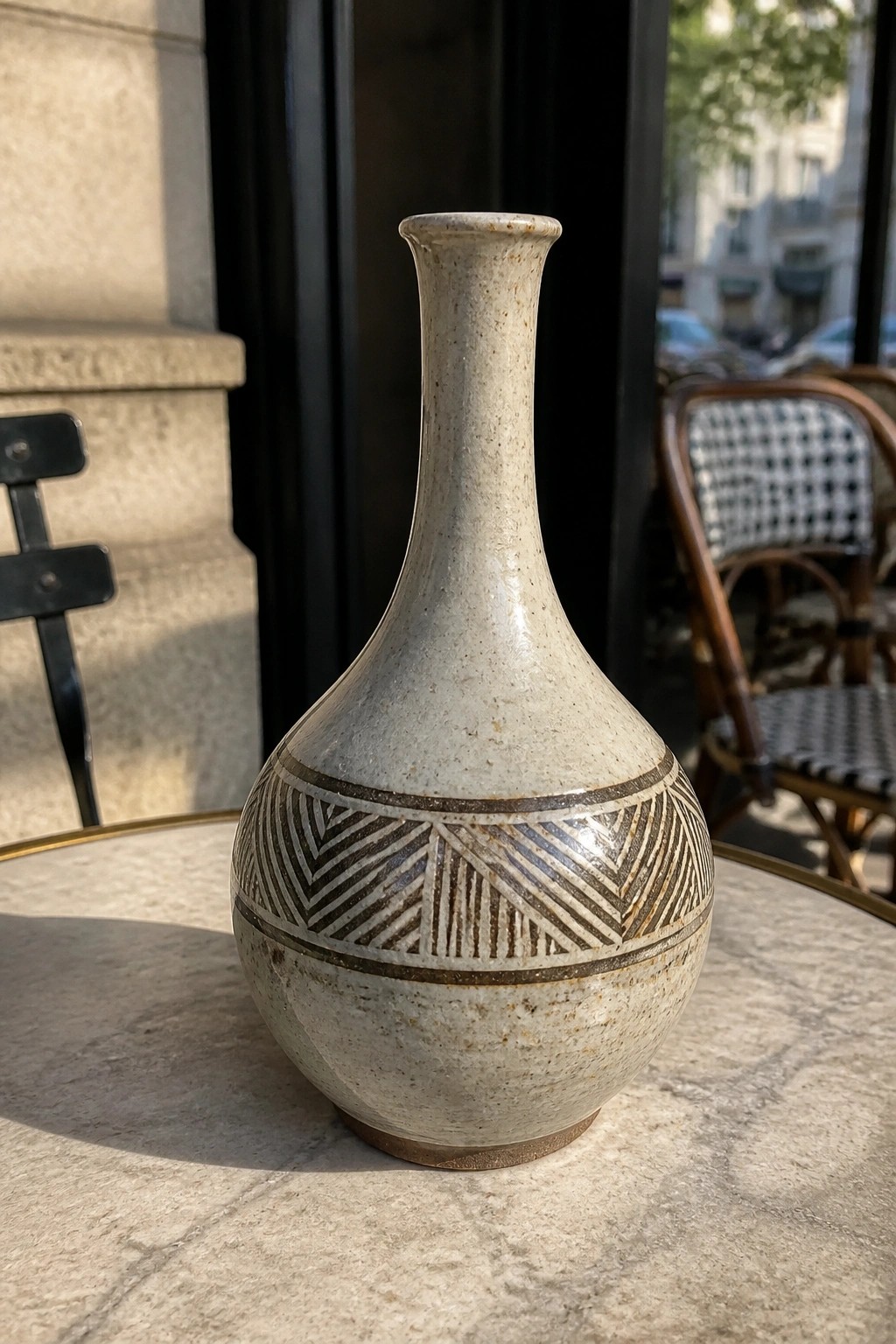 Beige speckled ceramic vase with brown geometric patterns on outdoor table