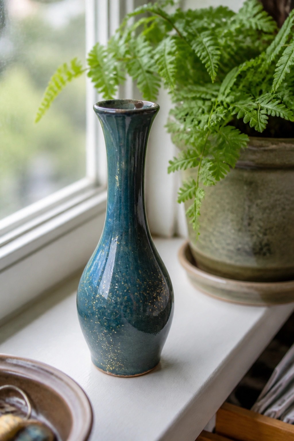 Blue speckled ceramic vase on windowsill beside potted green fern plant.