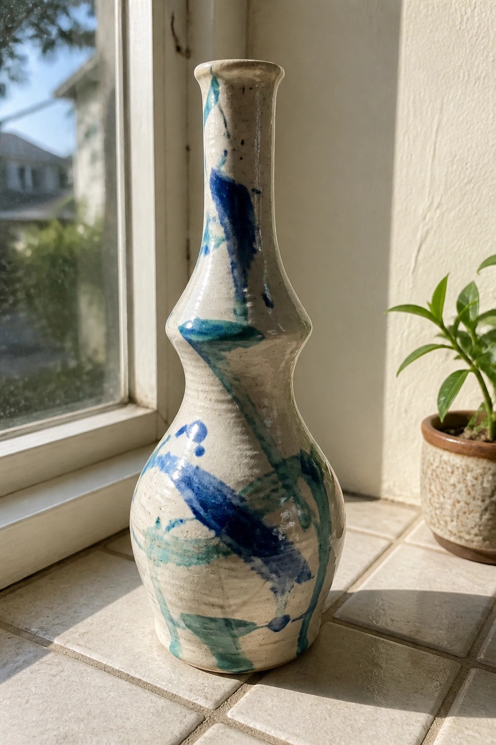 White ceramic vase with blue and green brushstrokes on sunlit tiled windowsill