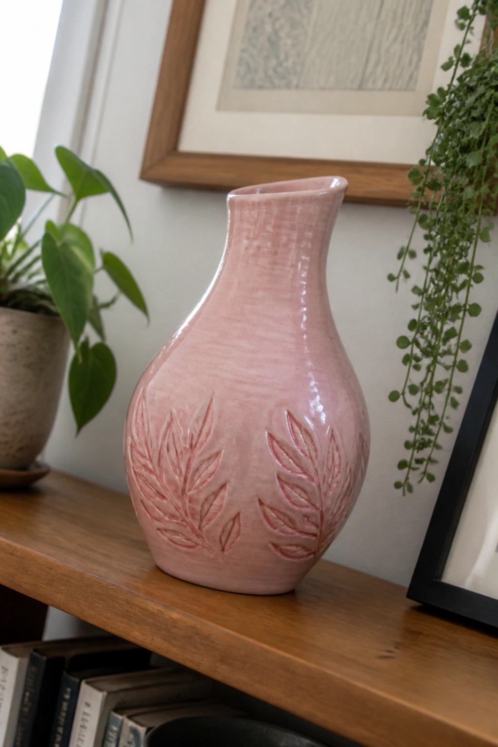 Pink ceramic vase with embossed leaves on wooden shelf beside plants and books