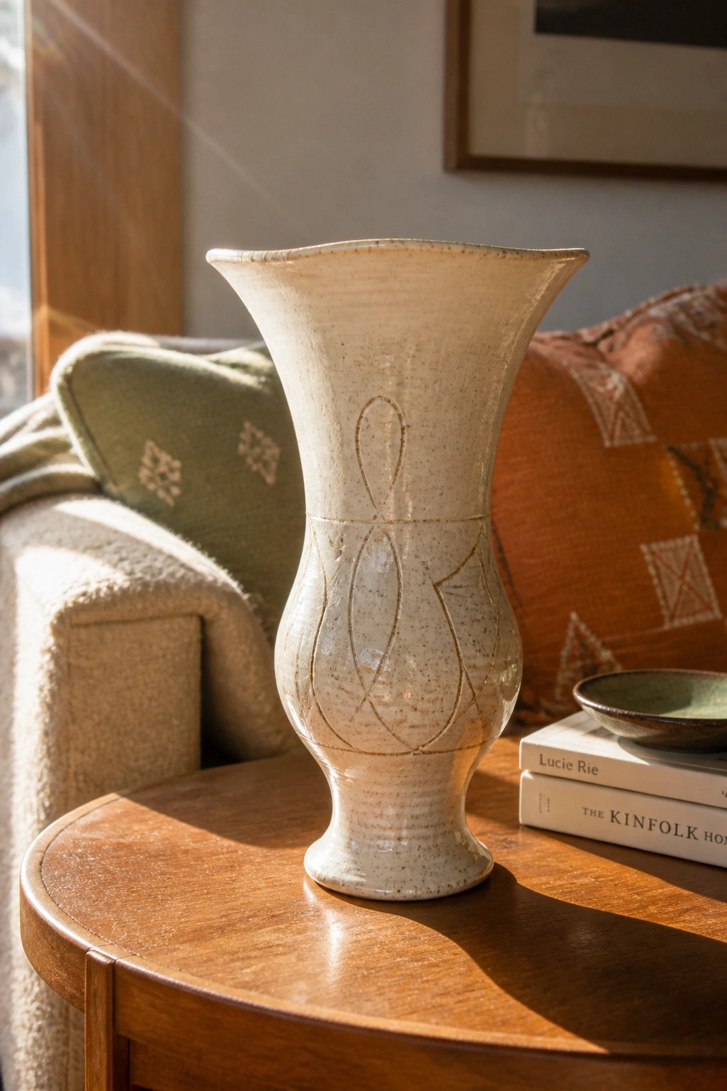 Cream speckled vase with etched patterns on sunlit wooden table