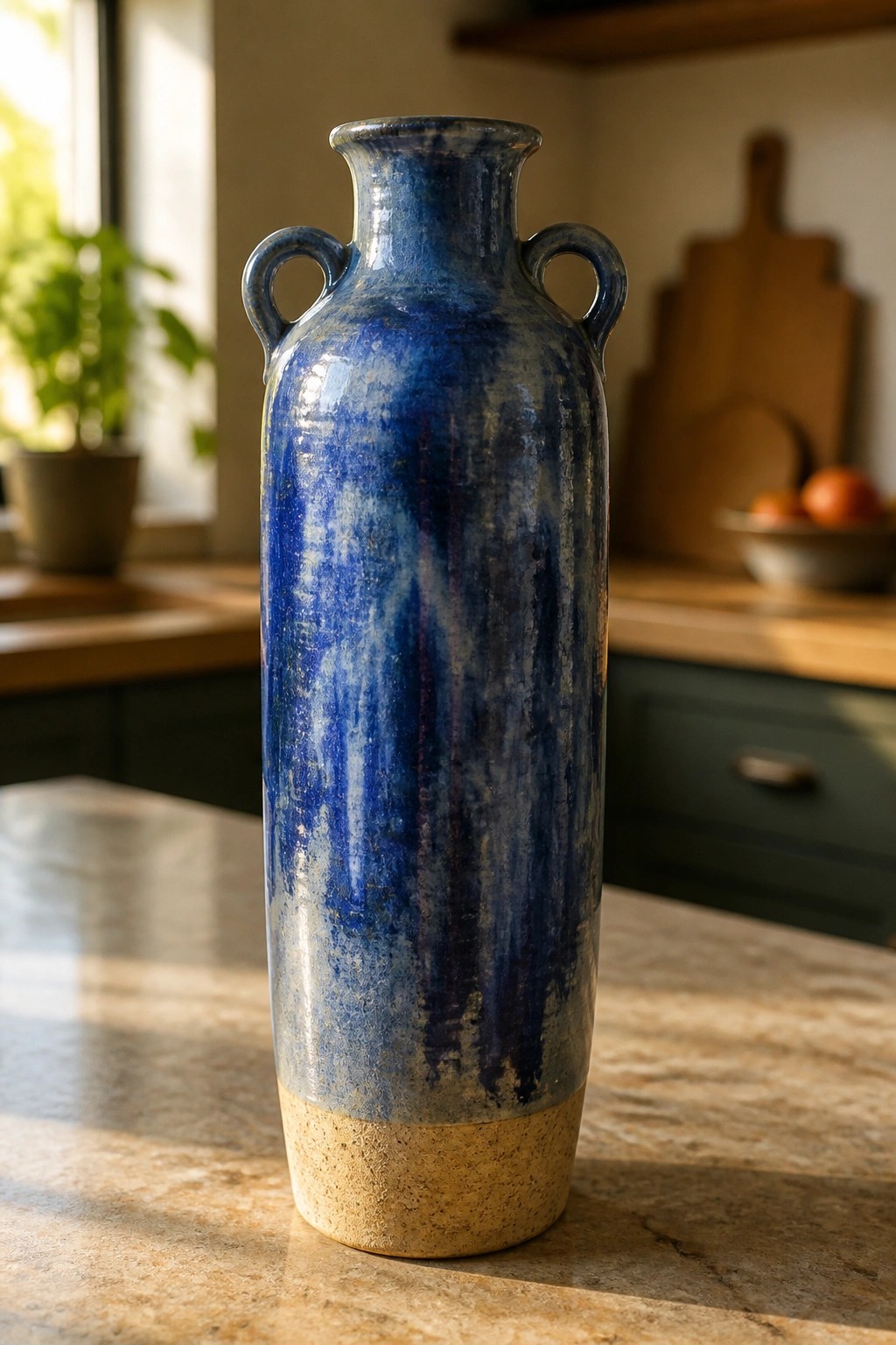 Tall blue ceramic vase with handles on sunlit marble kitchen counter