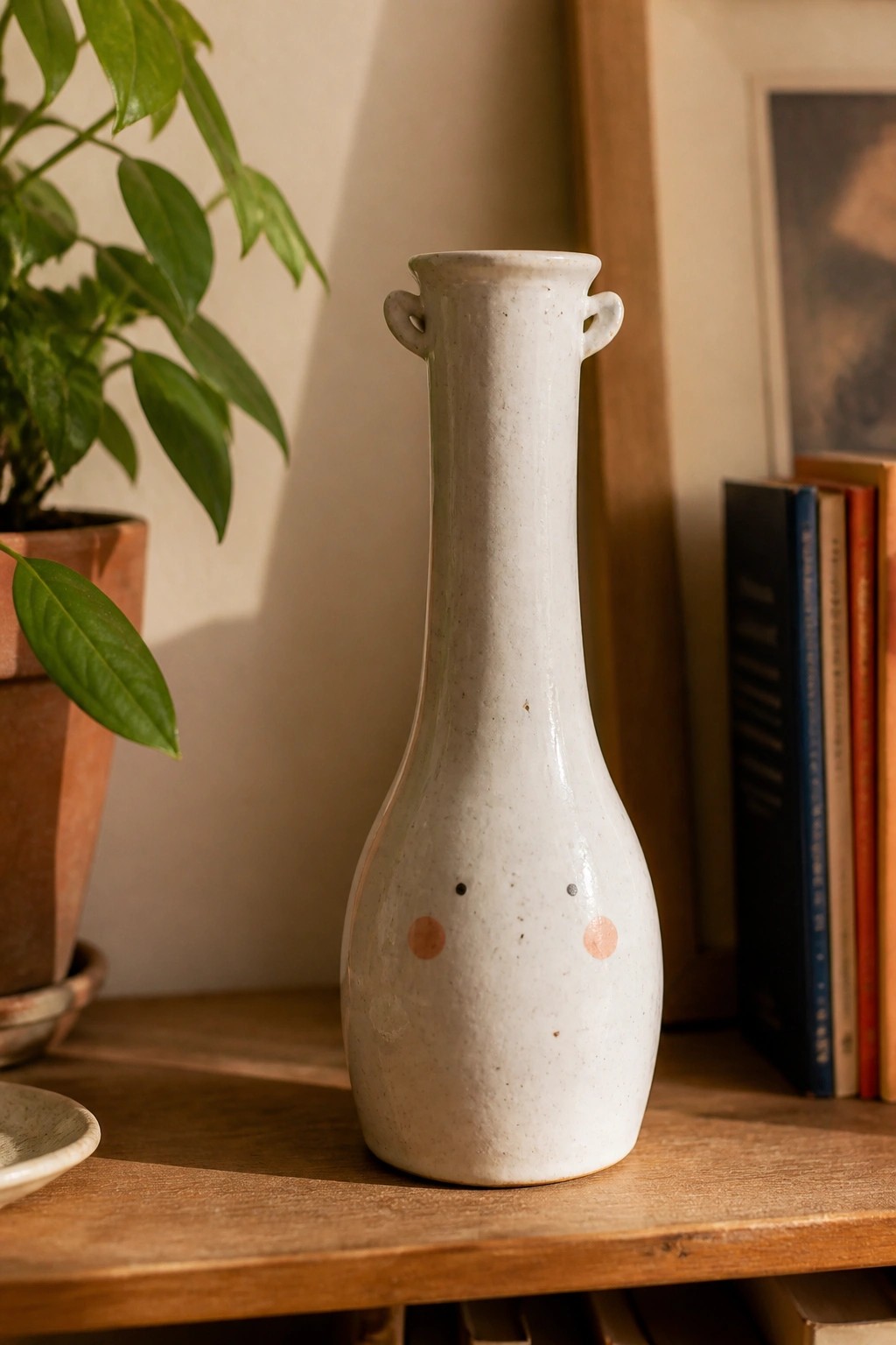 White ceramic vase with black dot eyes and pink cheeks on wooden shelf