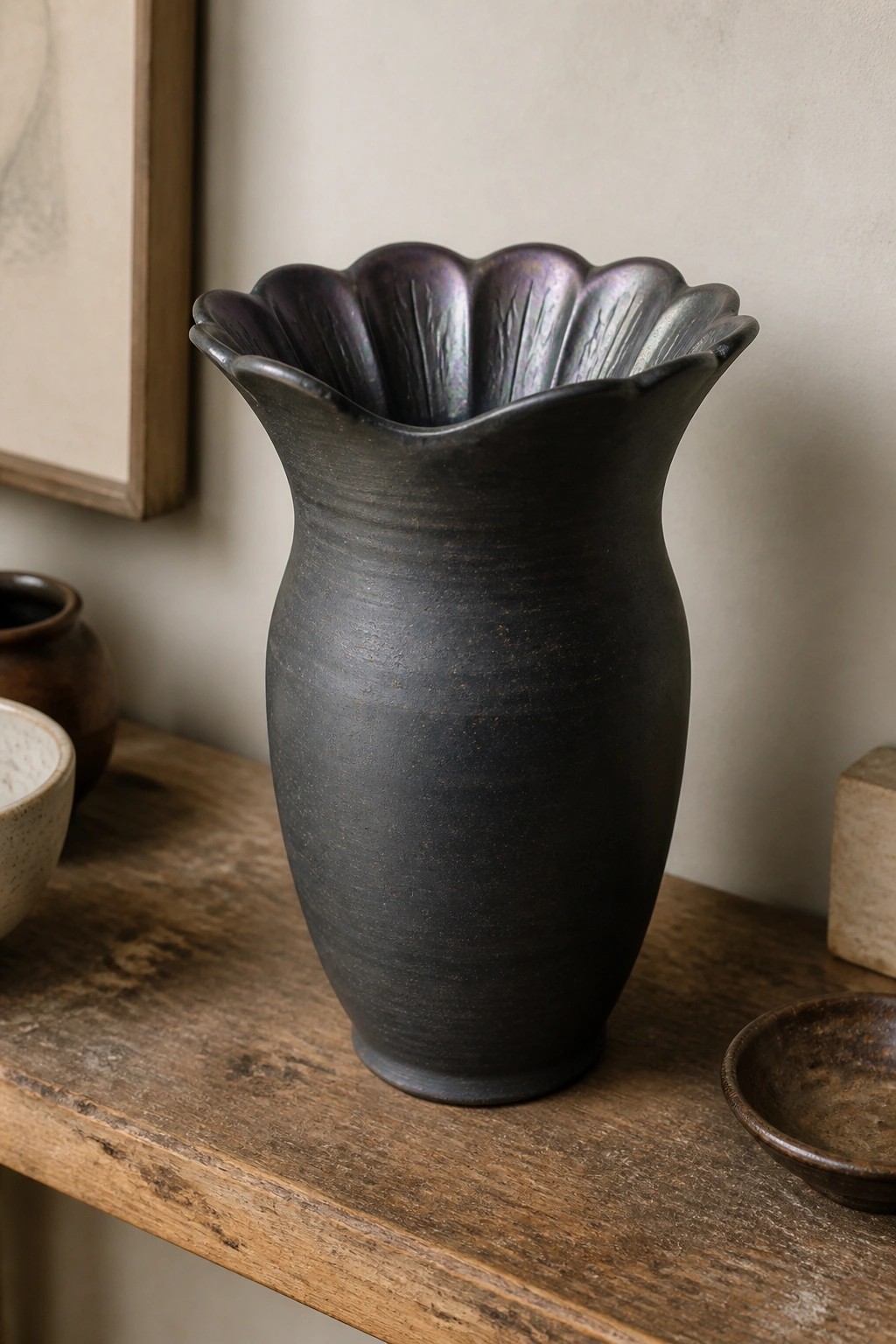 Dark ceramic vase with scalloped iridescent rim on wooden table with pottery
