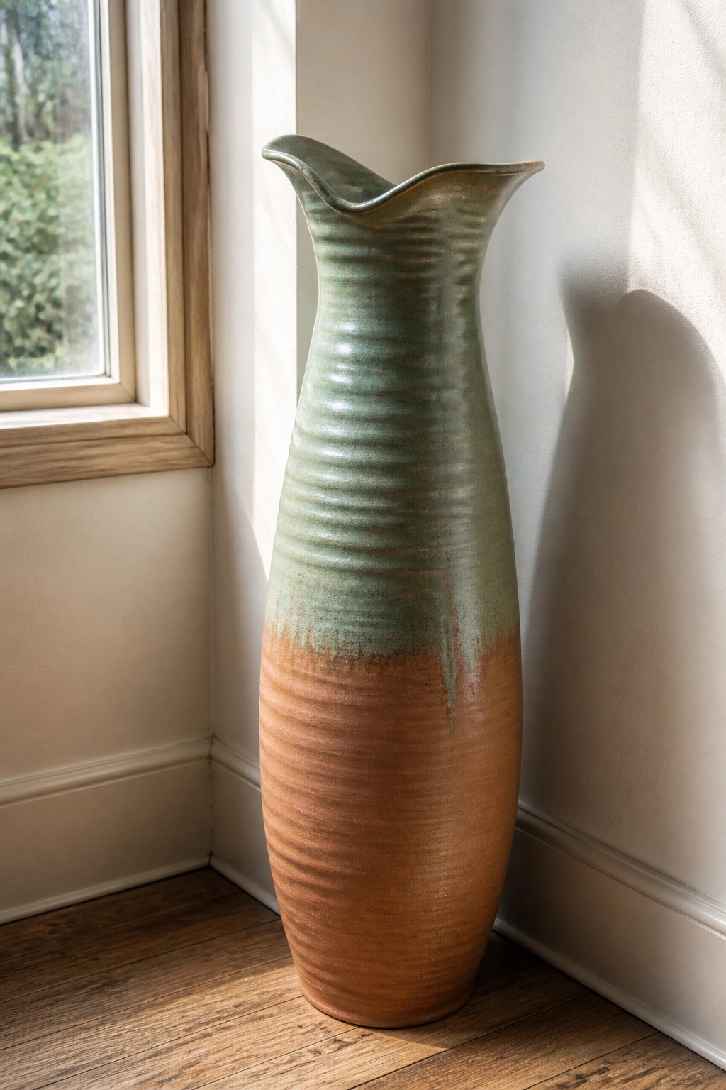 Tall green-brown glazed ceramic vase with wavy rim by sunlit window
