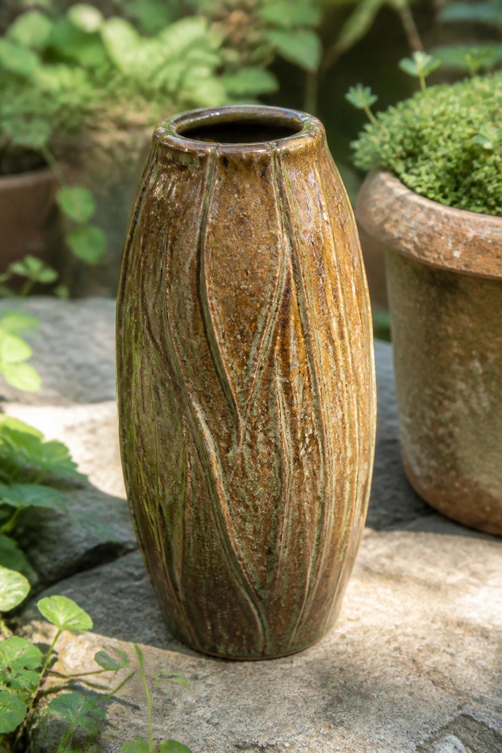 Textured brown and green ceramic vase with vertical ridges on garden stone.