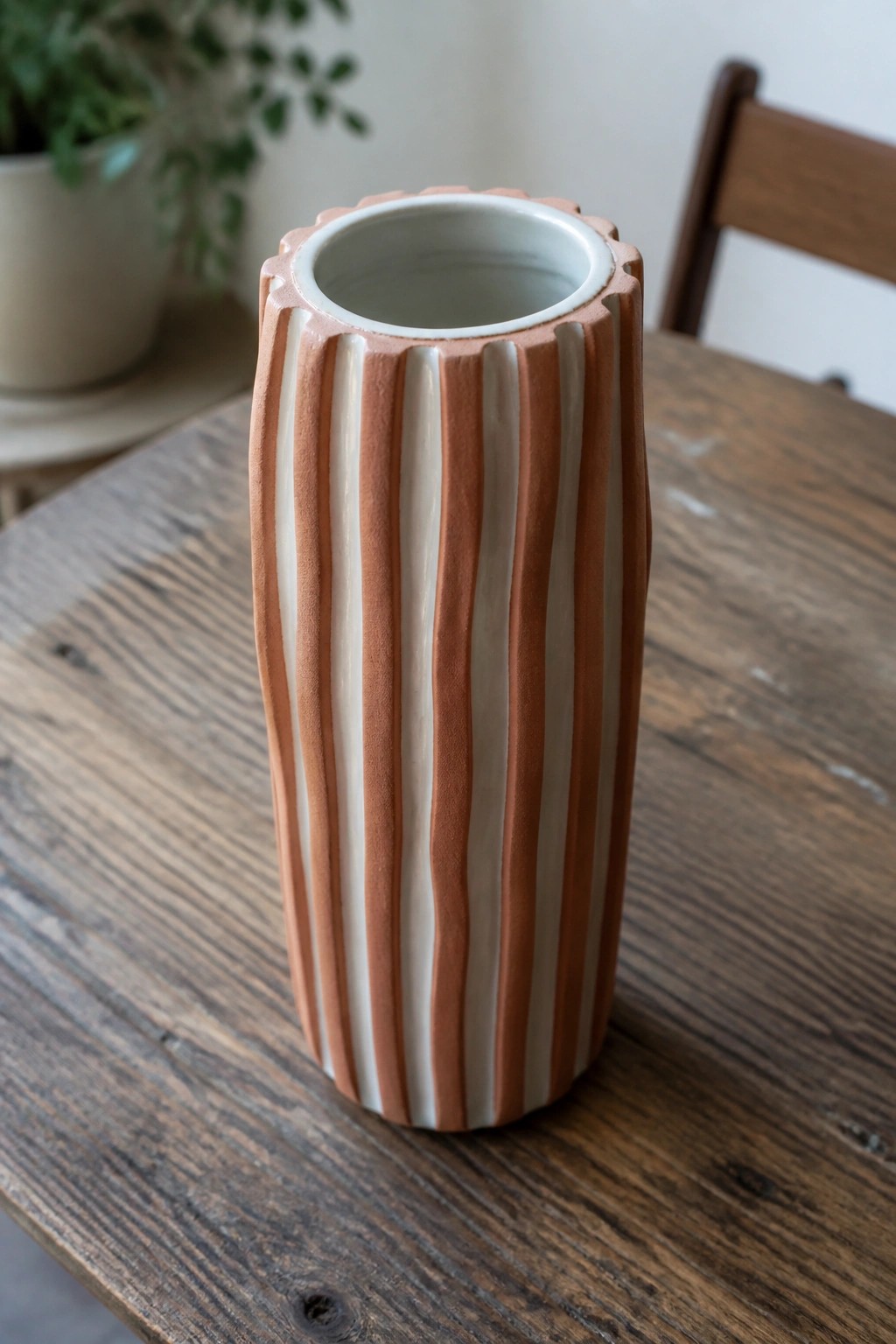 Terracotta and cream striped fluted ceramic vase on rustic wooden table.