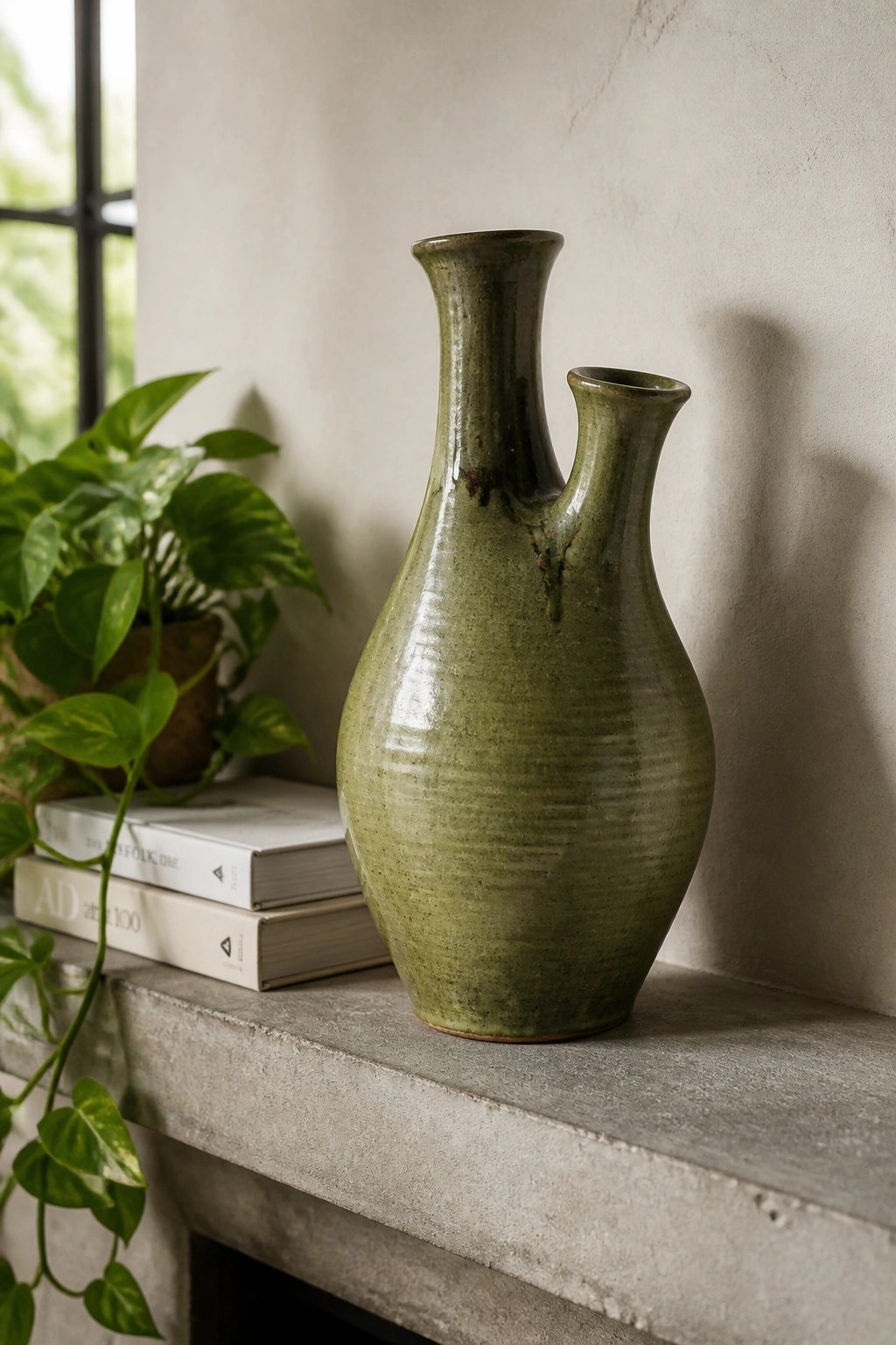 Green ceramic dual-necked vase on concrete ledge beside books and trailing plant