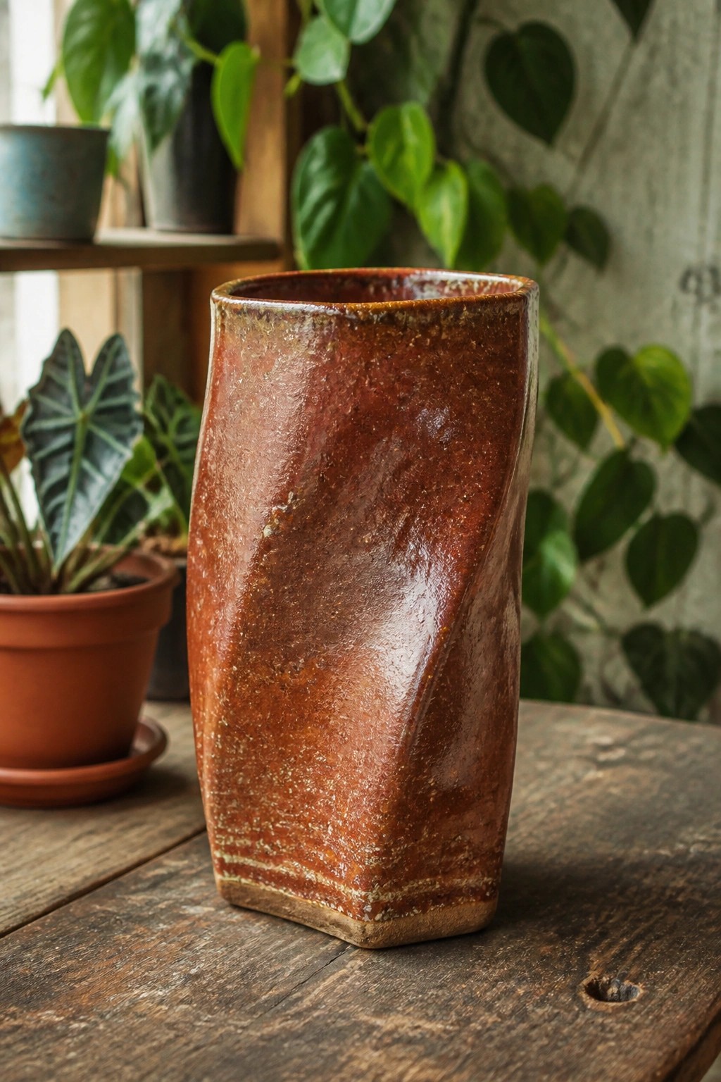 Rustic reddish-brown ceramic vase with twisted angular shape on wooden table amid plants