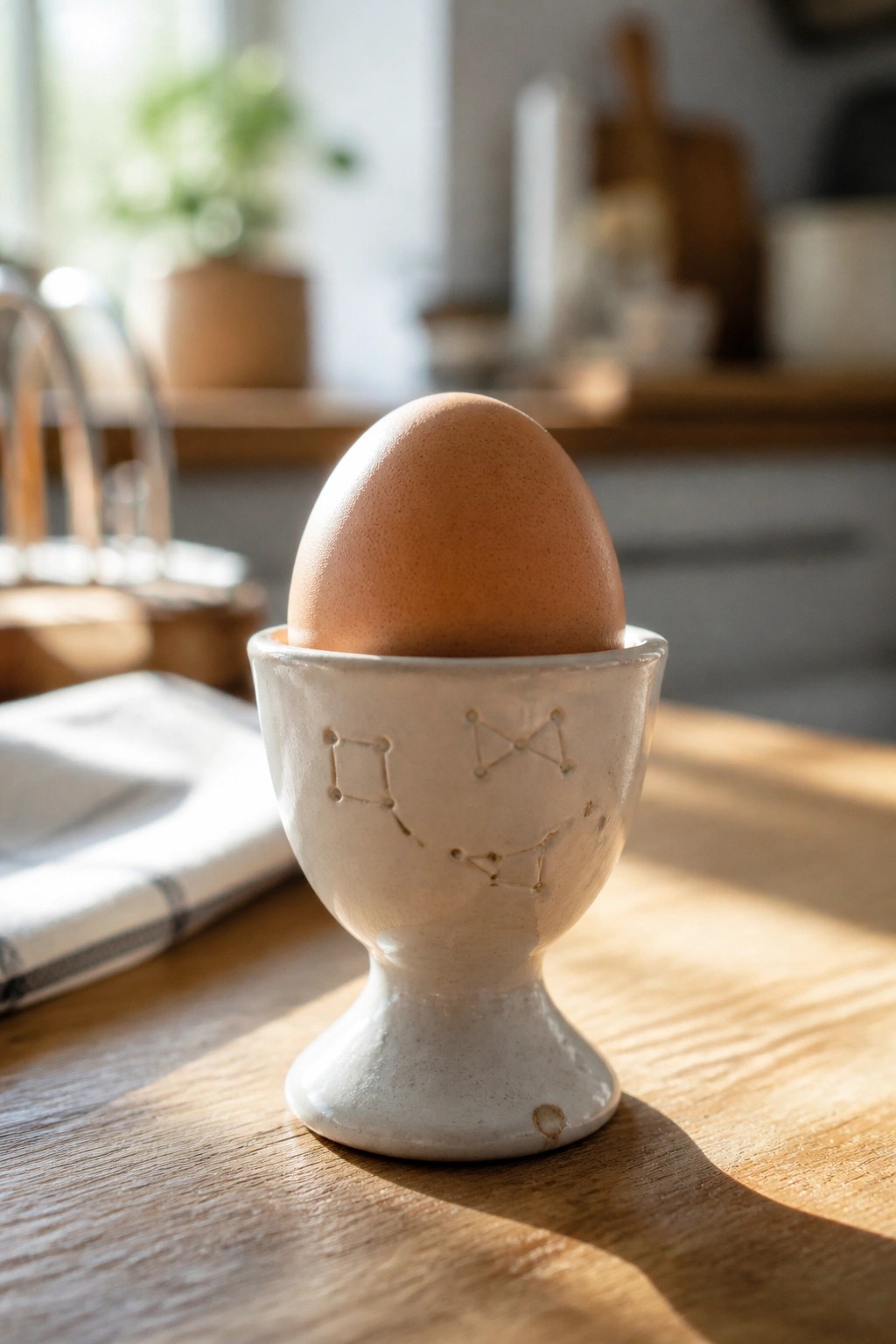 Brown egg in white ceramic cup with constellation patterns on wooden table.