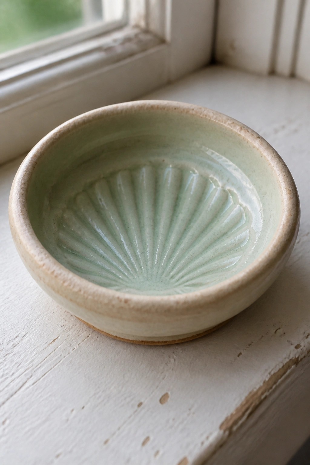 Light green ceramic bowl with shell ridges on white wooden windowsill.