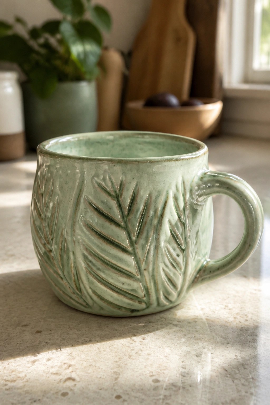 Green ceramic mug with embossed leaf patterns on sunlit kitchen countertop