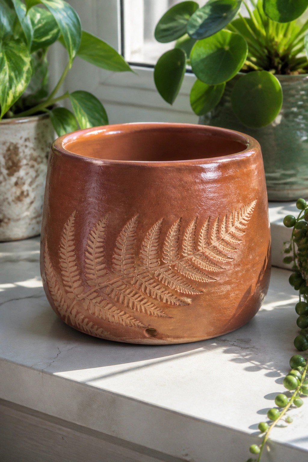 A reddish-brown ceramic planter with multiple carved fern leaves rests on a marble surface near other potted plants.