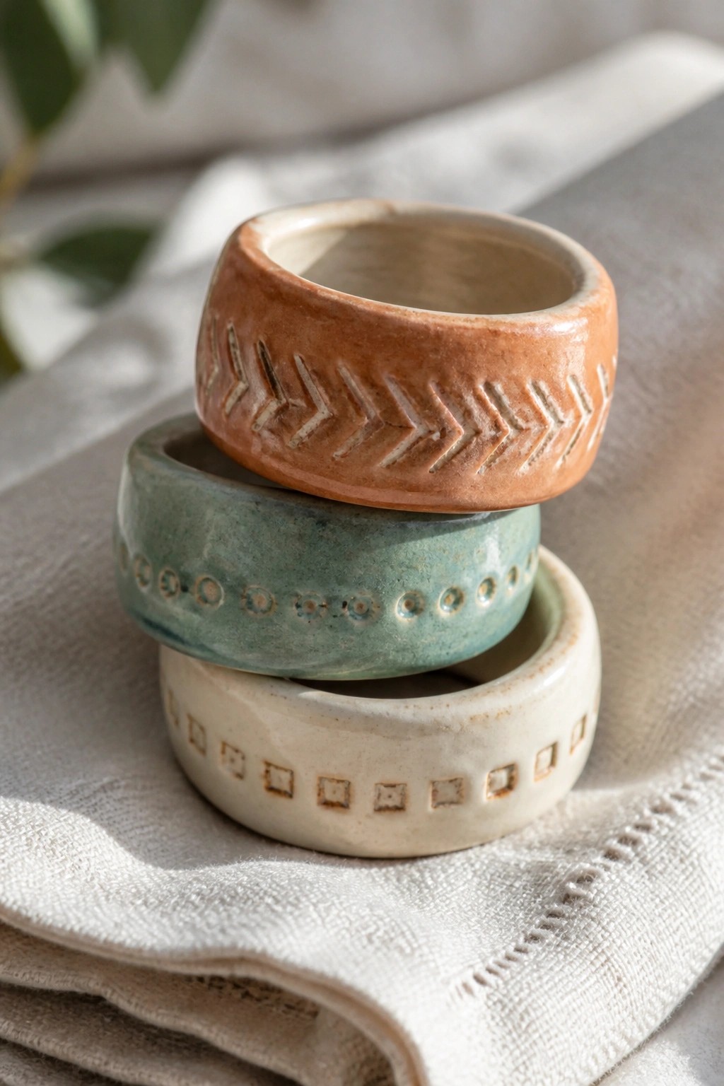 Three stacked ceramic bowls with chevron, dot, and square patterns on linen.