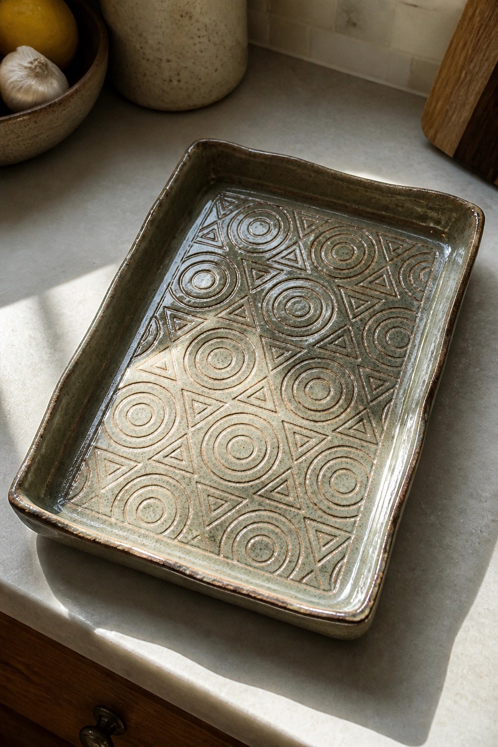 Rectangular ceramic tray with embossed circles and triangles in green glaze on counter.