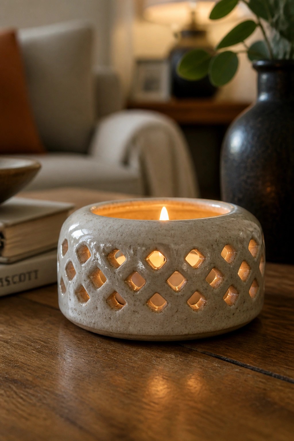 Speckled ceramic candle holder with lattice cutouts glowing warmly on wooden table