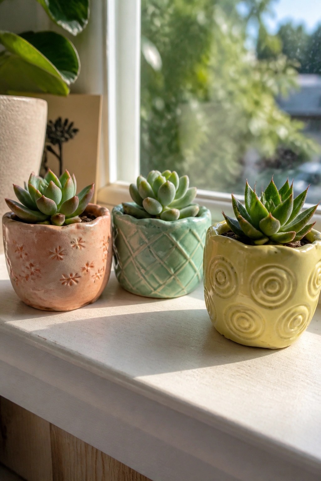 Three succulents in pink, green, and yellow patterned pots on sunny windowsill