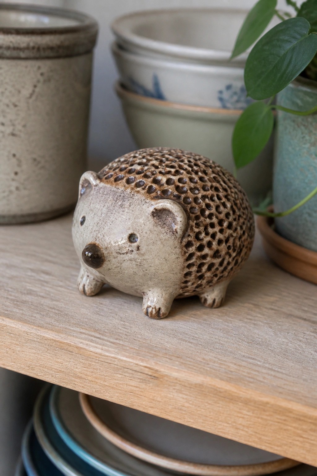 Ceramic hedgehog figurine on wooden shelf amid pottery and potted plant